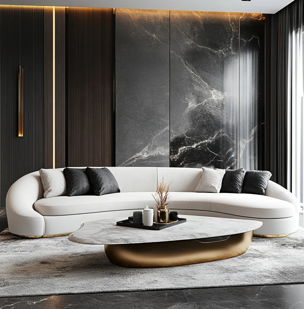 Luxury Modern Curved Sofa Set – Genuine Leather & Velvet